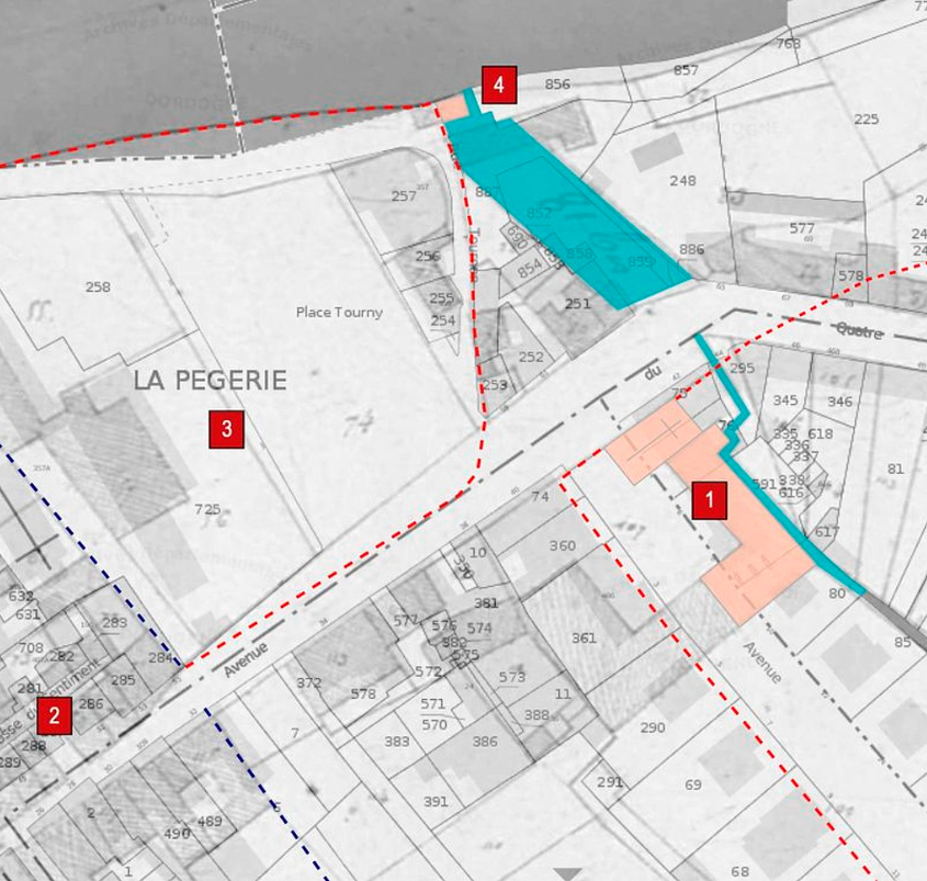 Plan de localisation (sur fond de plans cadastraux ancien et actuel superposés) du couvent des Cordeliers (1), du faubourg du « Chef du Pont » avec son enceinte (2), du couvent des sœurs Clarisses (3) et du moulin de Losse avec sa retenue (4) (Dessin : X. Pagazani, 2014).