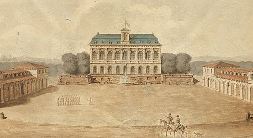 « Projet de Place d'Armes avec Hôtel de Ville, Halle et Marché pour la Ville de Pau », par Antoine Laurent Thomas Vaudoyer, juillet 1820, vue perspective. Cliché Archives communautaires Pau Béarn Pyrénées.