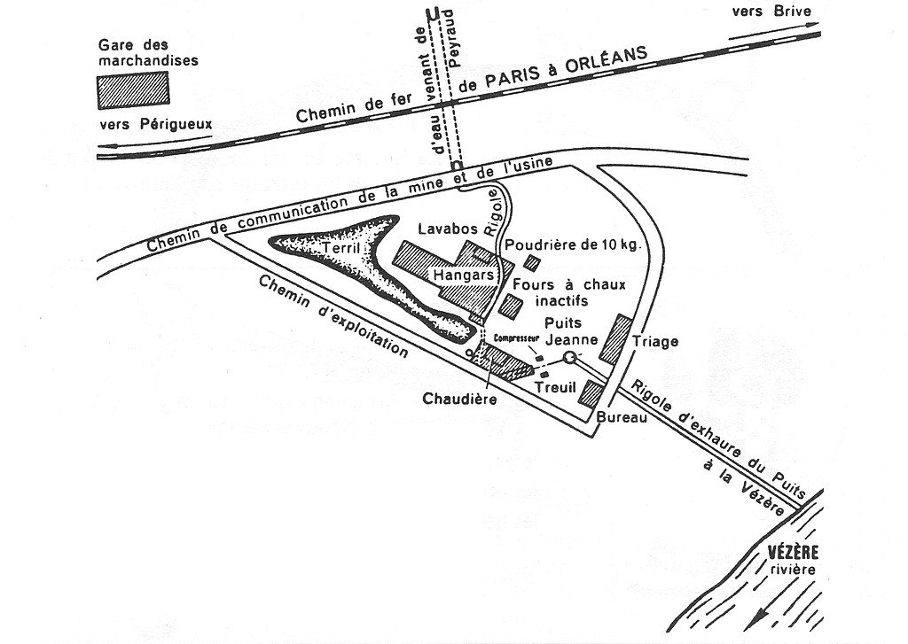 Plan schématique des bâtiments de la mine du Lardin vers 1820 (extrait de : La Vézère coule depuis longtemps en Europe, 1989, p. 177)