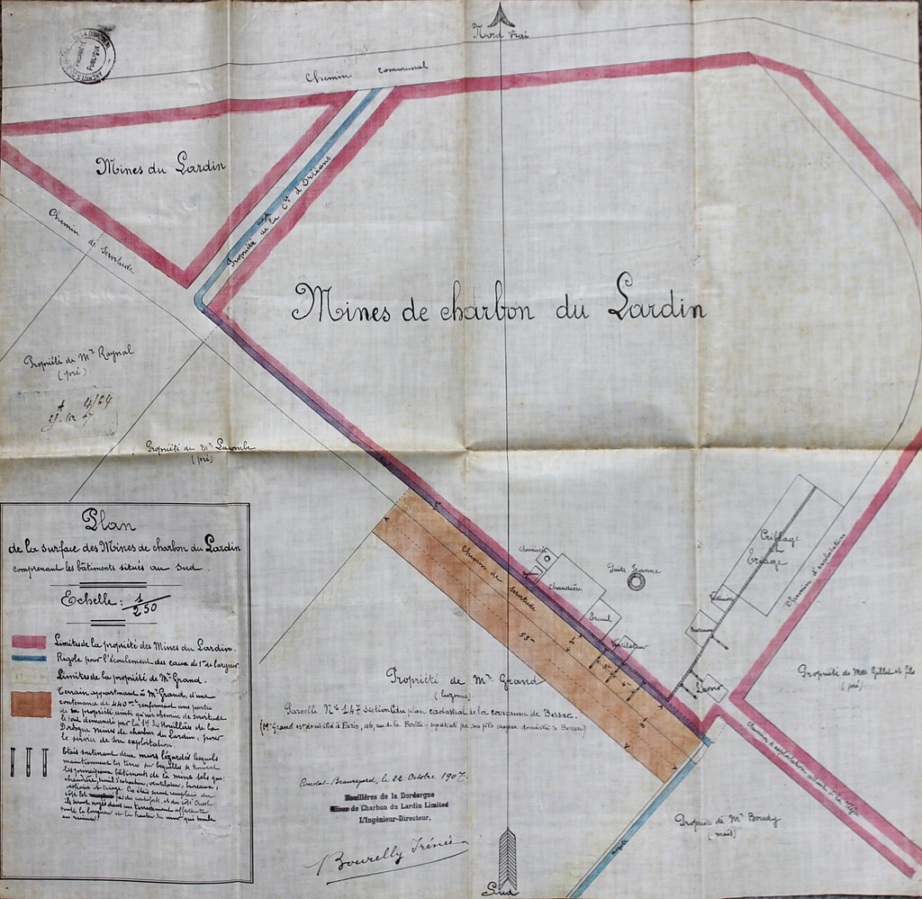 Plan de la surface des mines de charbon du Lardin comprenant les bâtiments situés au sud. Dessin aquarellé par Bourelly, 1907 (AD Dordogne, 70 S 24).