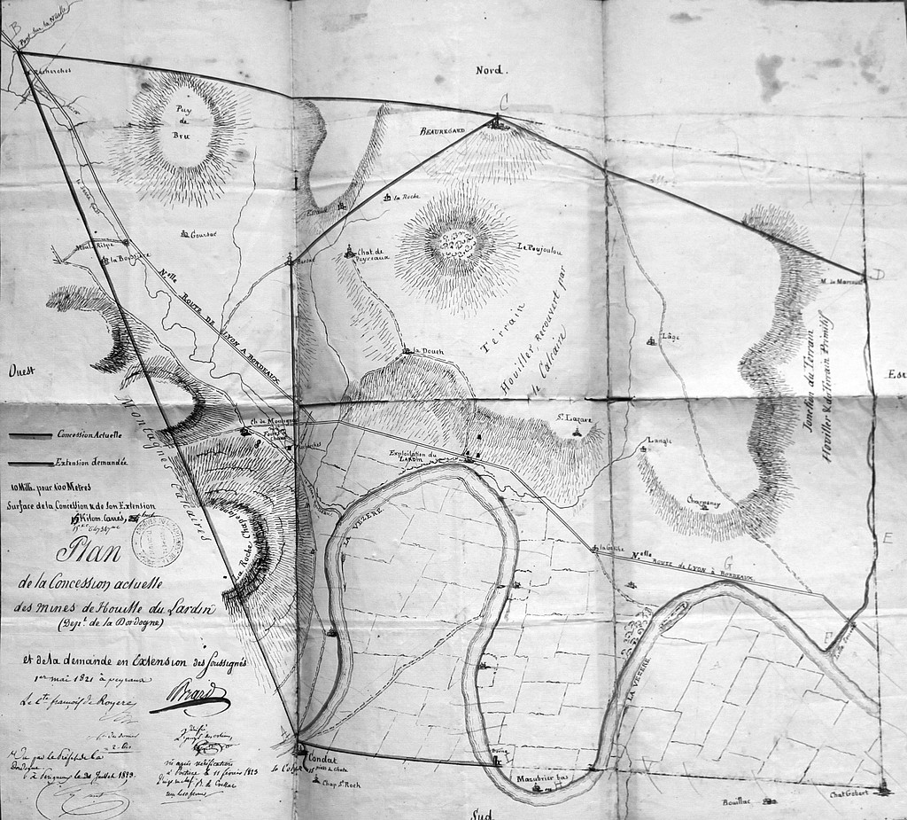 Mine de houille du Lardin. Plans des concessions et de l'extension demandée par Cyprien Brard. Dessin à l'encre par Brard, 1821 (AD Dordogne, 70 S 24).