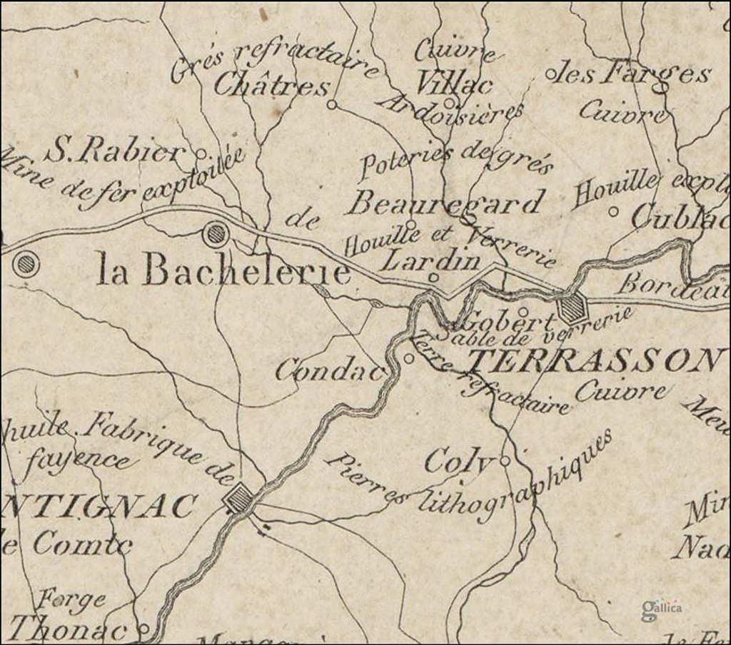 Extrait de la Carte industrielle et minéralogique du cours de la Dordogne, de la plupart de ses affluents et en particulier de la Vezère et de la Corrèze, dressée par Conrad et Brard, 1825 (AD Dordogne, 1 Fi 14-2).