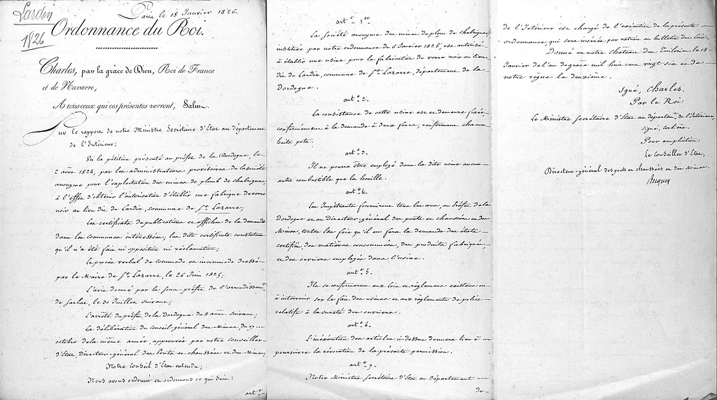 Autorisation d'établissement de la verrerie du Lardin par ordonnance royale du 18 janvier 1826 (source AD24, 5 M 77, photo V. Marabout).