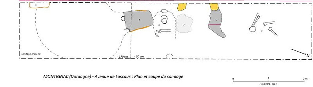 Plan et coupe du sondage avenue de Lascaux (relevés et dessin : H. Gaillard, 2014).