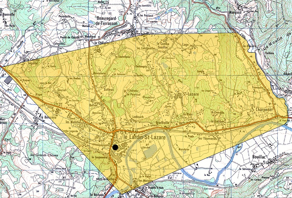 Emprise (en jaune) de la concession des mines du Lardin en 1821 reportée sur la carte au 1/25000e de l'IGN (infographie : V. Marabout).