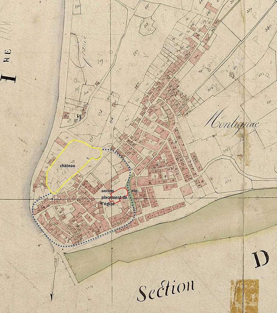 Fig. 7 : Plan d'ensemble avec l'emprise de l'enceinte médiévale restituée sur fond de plan cadastral ancien.