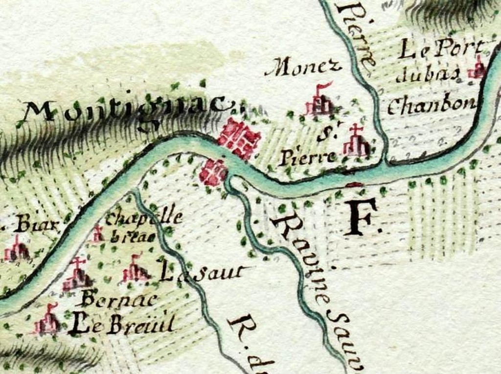 Fig. 6 :Extrait de la carte de François Ferry montrant l'emplacement de l'église Saint-Pierre à la fin du XVIIe siècle (AD Gironde, 3 JC 17).