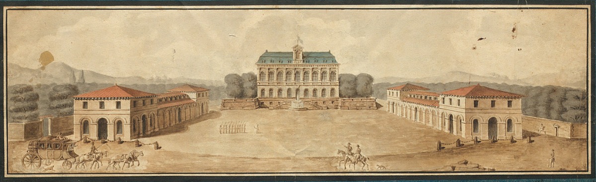 « Projet de Place d'Armes avec Hôtel de Ville, Halle et Marché pour la Ville de Pau », par Antoine Laurent Thomas Vaudoyer, juillet 1820, vue perspective. Cliché Archives communautaires Pau Béarn Pyrénées.