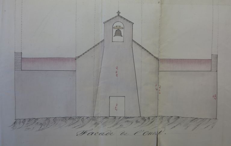 Plan de l'ancienne église en 1861 : élévation de la façade ouest.