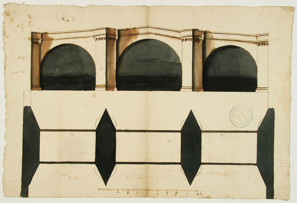 Projet de pont en pierre pour la ville de Montignac par François Beuscher, inspiré du Pont Neuf de Paris, dessin à l'encre noire et lavis sur papier (échelle de 10 toises), 7 octobre 1623.