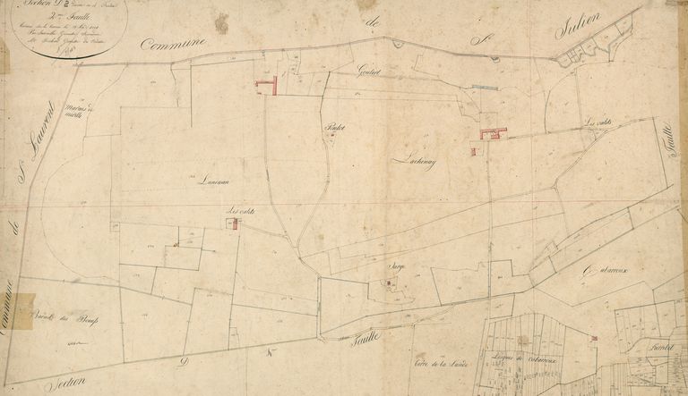 Extrait du plan cadastral de 1826 : parcelles 1494, 1516, 1517, 1518.