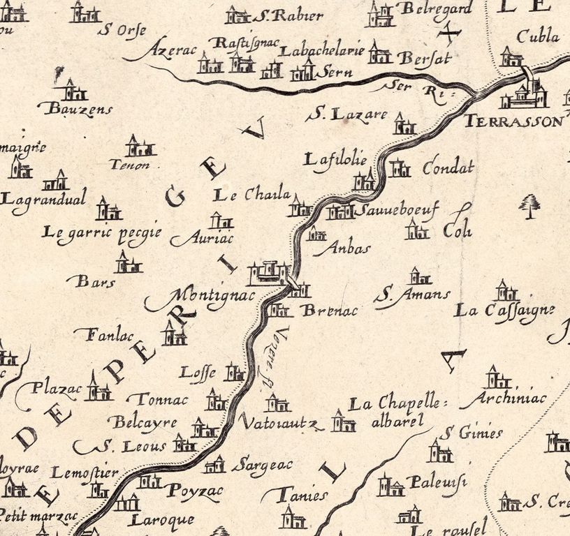 Détail de la carte du diocèse de Sarlat et haut Périgord, dessinée par Jean Tarde en 1594, gravée par H. Picart, 1624 (Bibliothèque nationale de France, Cabinet des estampes, Paris, GE D - 15042).