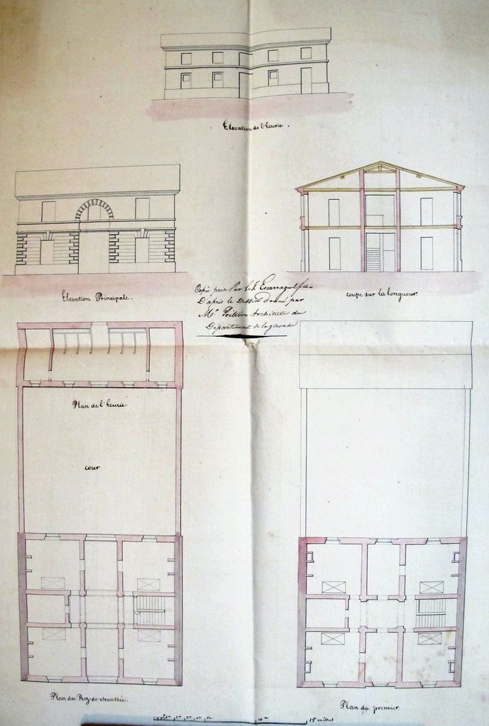 « Projet d'écurie (?) : élévation principale, coupe, plan du rez-de-chaussée, plan du 1er ». Papier, encre, lavis, par Copie prise par L. G. Escarraguel fils d'après le dessin donné par M. Poitevin, architecte du département de la Gironde, s.d.