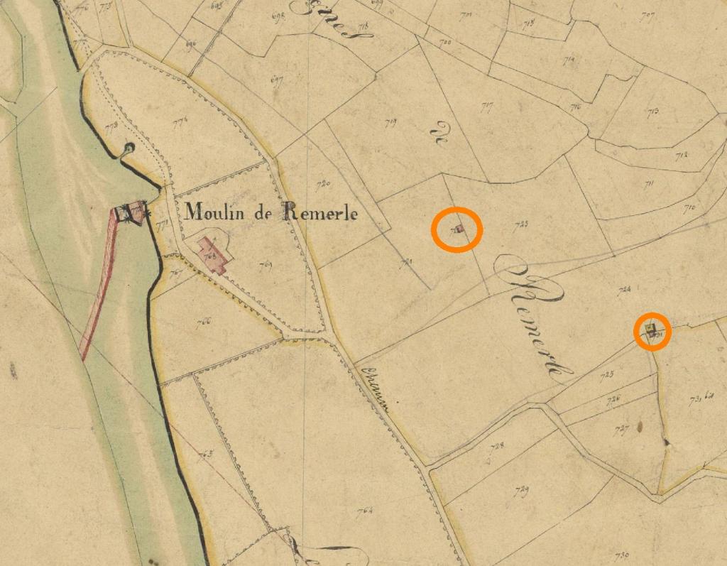 Cabanes à Remerle, extrait du plan cadastral de 1826, feuille F2.