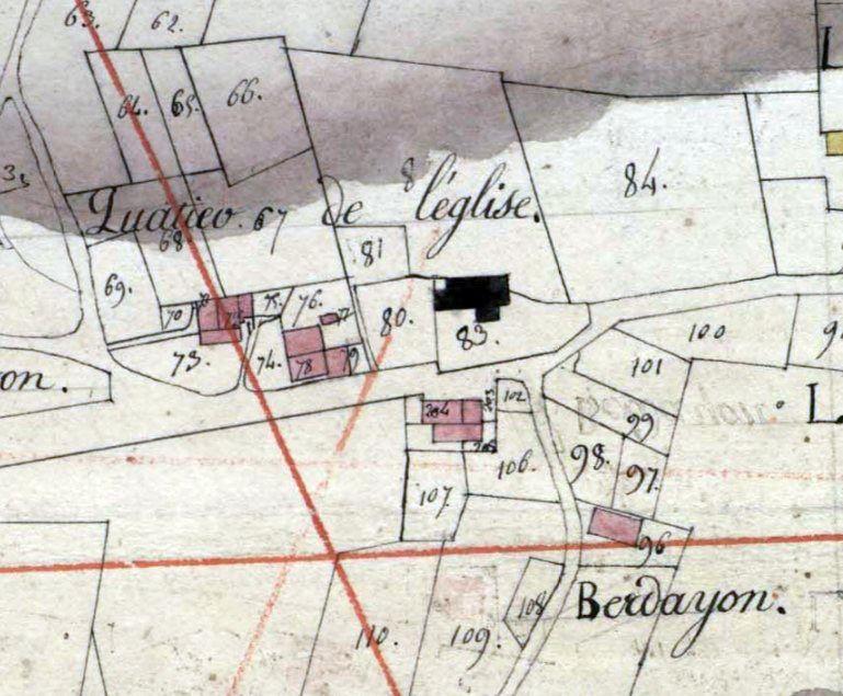 Extrait du plan cadastral de 1809, section A dite de l'Eglise, par Lobgeois et François Lagrolet, géomètres (AD Landes, 286 W 92) : plan de l'ancienne église.