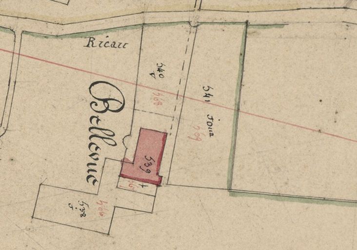 Extrait du plan cadastral de 1832, emplacement du château Bellevue en 1832.