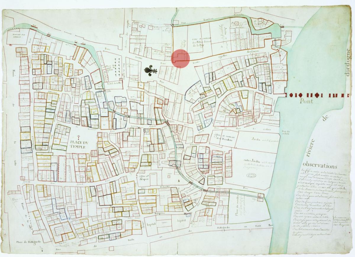 Plan terrier de la ville de Bergerac, avec localisation de la maison dite maison Leydier, 27 mai 1783 (le nord est à gauche).