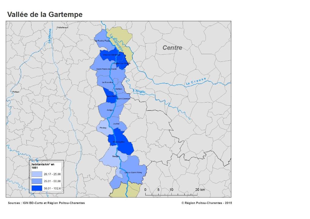 Densité de population par commune en 1851.