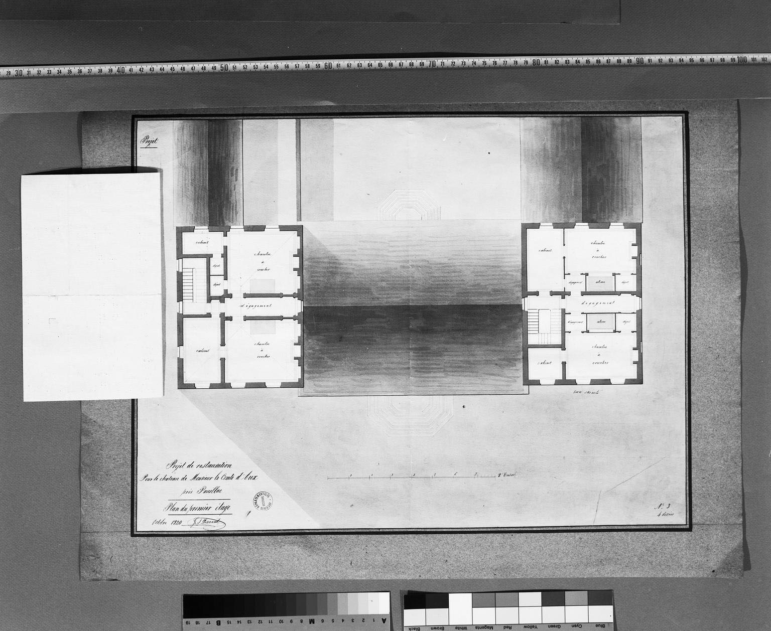 Projet de restauration pour le château de Monsieur le comte d'Aux, plan du rez-de-chaussée et rabat avec plan du premier étage, octobre 1820, G. J. Durand.