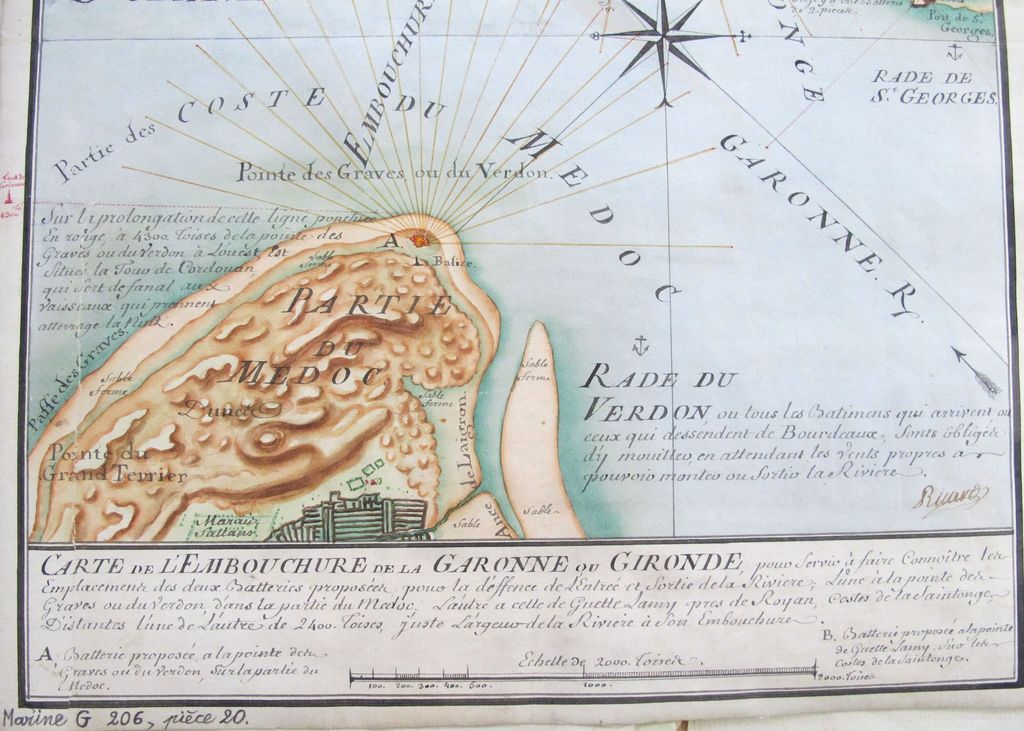 Carte de l'embouchure de la Garonne ou Gironde pour servir à faire connaître les emplacements des deux batteries proposées, 1756 : mention de 