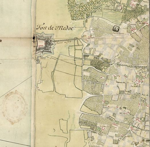 Carte de 1691 indiquant les villages de Moneins (bourg actuel) et de Cussac (aujourd'hui Vieux-Cussac).