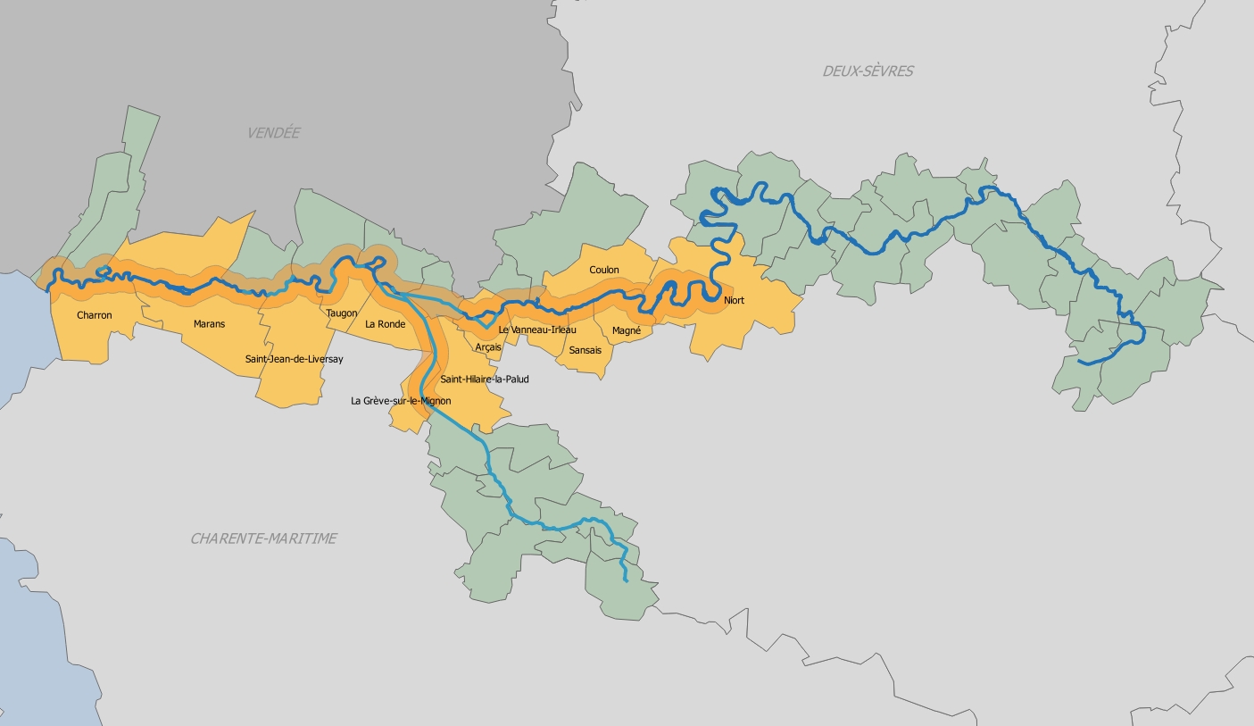 Carte des communes étudiées au cours de l'opération d'inventaire en Deux-Sèvres et Charente-Maritime.