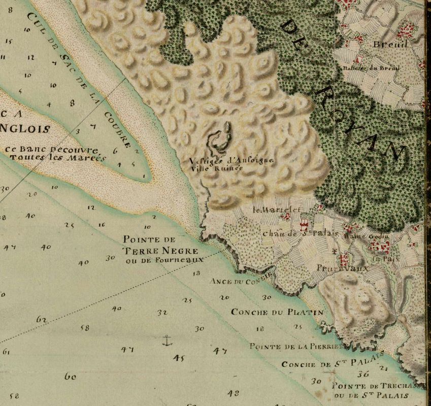 La pointe de la Pierrière, en bas à droite, avec un petit bois, sur une carte par Claude Masse vers 1706.