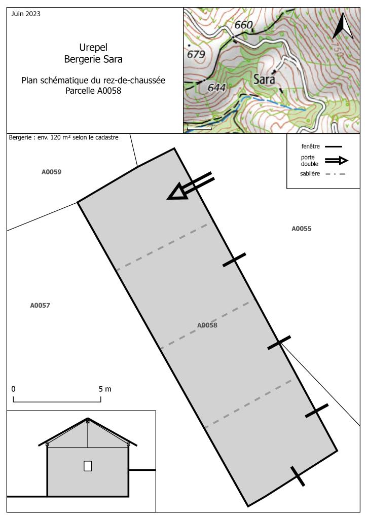 Plan et coupe schématique de la bergerie.