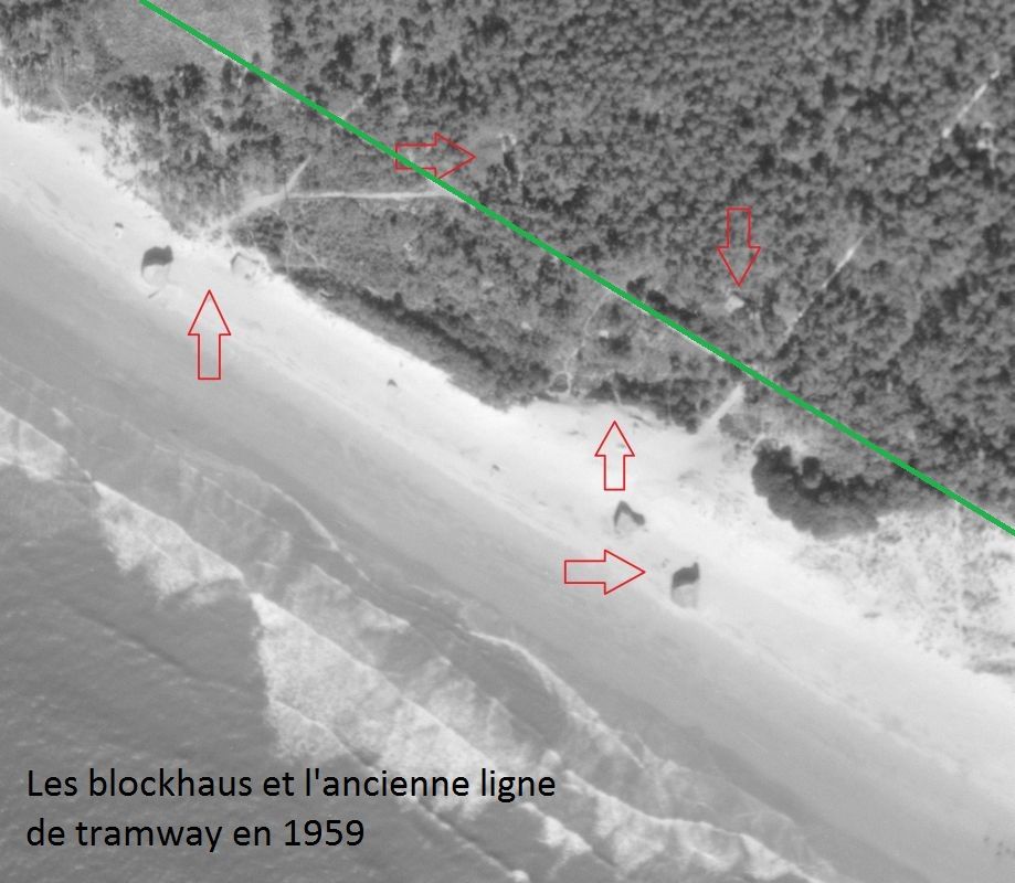 Les blockhaus et l'ancienne ligne de tramway en 1959 (vue aérienne IGN).