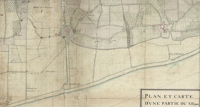 Plan et carte d'une partie du Médoc : extrait d'une carte du milieu du 18e siècle.