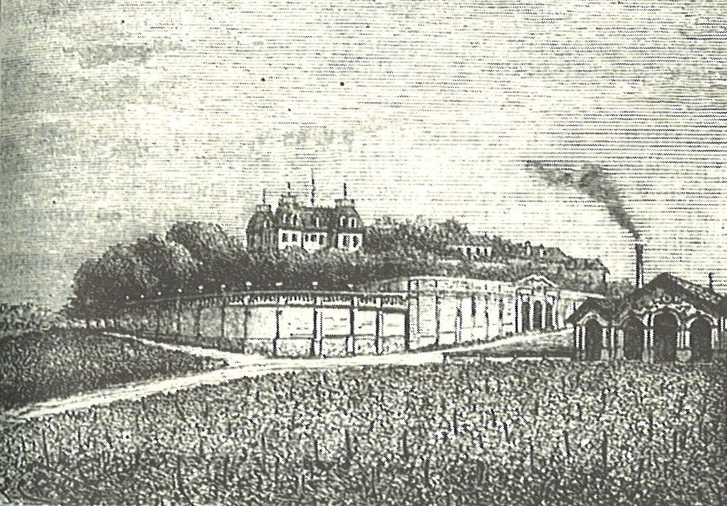 Vue d'ensemble du château et du cuvier, avec la cheminée fumante de sa machine à vapeur. Gravure publiée dans le Cocks et Féret, 1898.