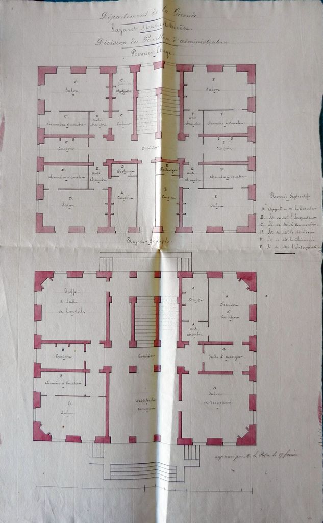 Lazaret Marie-Thérèse : division du pavillon d'administration, rez-de-chaussée et premier étage, s.n. [Poitevin], dessin, encre, aquarelle, approuvé par le préfet le 17 février [1826?].