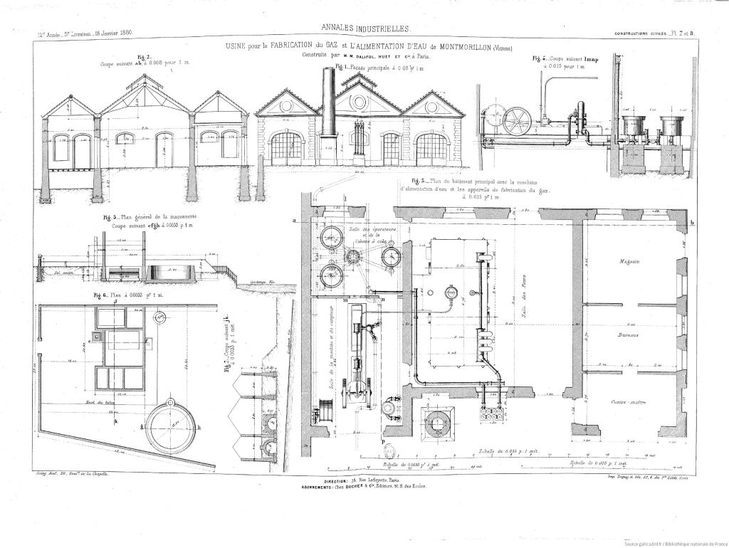 Plans de l'usine pour la fabrication du gaz et l'alimentation d'eau de Montmorillon (Vienne), construite par MM. Dalifol, Huet et Cie, à Paris, 1880 (document BnF consultable dans Gallica).