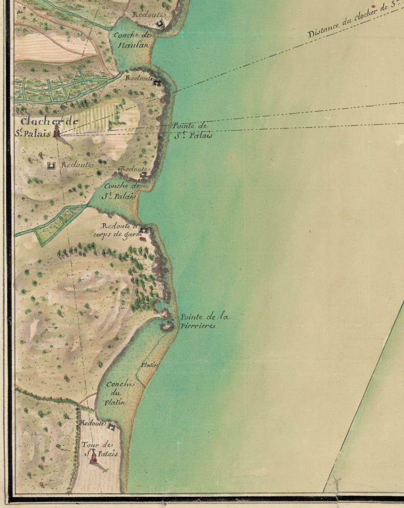 Extrait de la carte de 1772 montrant l'alignement entre le clocher de Saint-Palais-sur-Mer et la tour de Saint-Palais ou de Terre-Nègre.