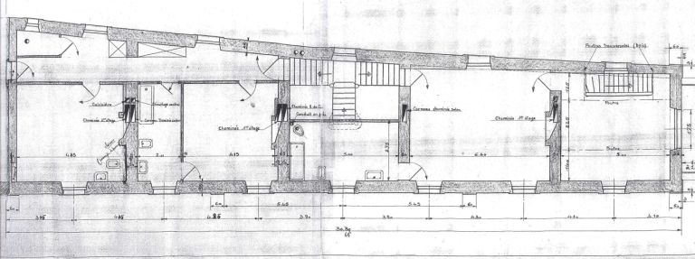 Plan du rez-de-chaussée de l'aile sud-ouest du château au moment de sa reconstruction, vers 1950.