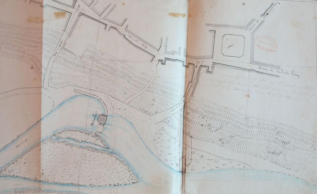 Bourg de Vicq, moulin, gué et implantation du pont et de sa rampe d'accès à l'ouest, 1834.