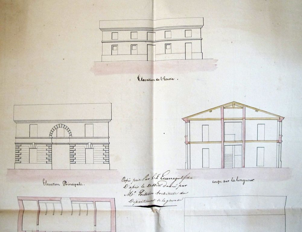 « Projet d'écurie (?) : élévation principale, coupe, plan du rez-de-chaussée, plan du 1er ». Papier, encre, lavis, par Copie prise par L. G. Escarraguel fils d'après le dessin donné par M. Poitevin, architecte du département de la Gironde, s.d. : détail.