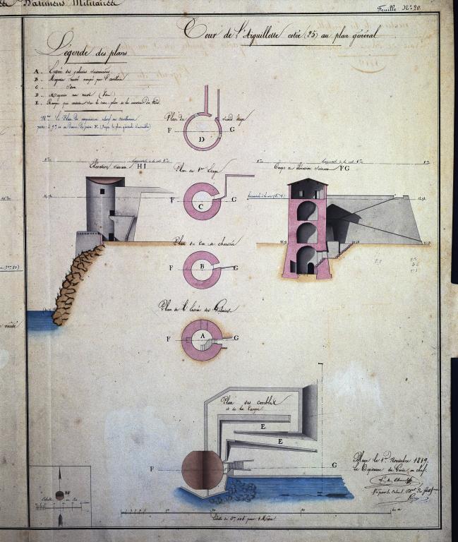 Plans, élévation et coupe de la Tour de l'Aiguillette [sic].