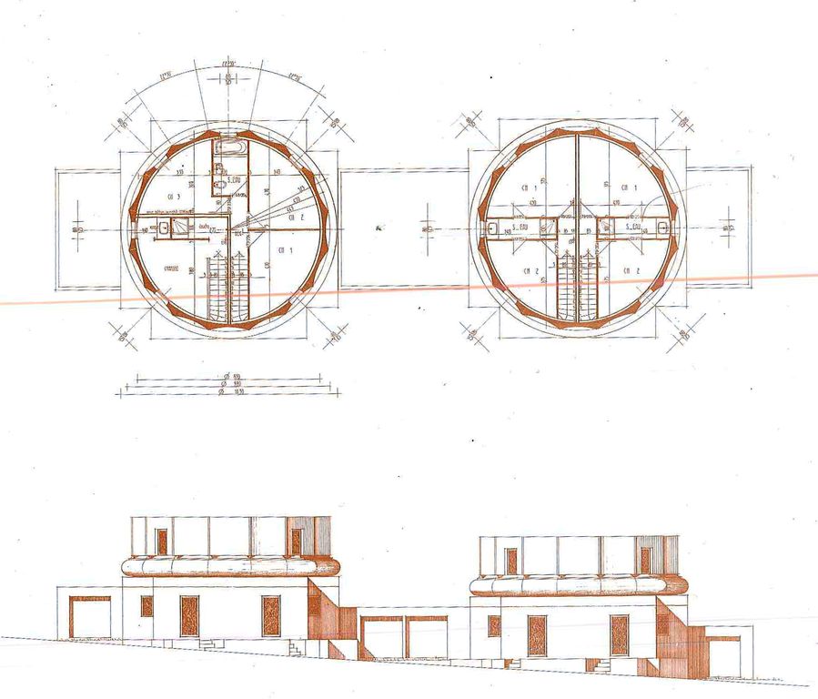 Plan et élévation de deux maisons de la Cité des Colonnades.