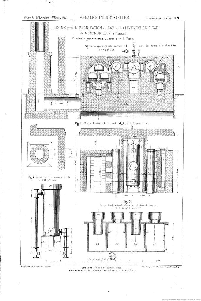 Plans des machines l'usine pour la fabrication du gaz et l'alimentation d'eau de Montmorillon (Vienne), construite par MM. Dalifol, Huet et Cie, à Paris, 1880 (document BnF consultable dans Gallica).