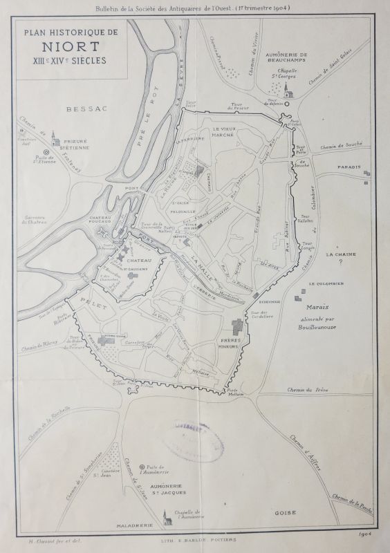 Plan historique de Niort aux 13e et 14e siècles, établie par Henri Clouzot en 1904 (fonds Clouzot, HC G2/2).