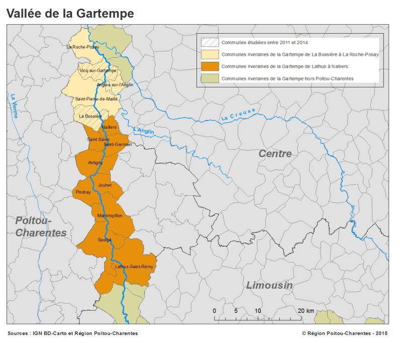 Carte de la vallée de la Gartempe dans le département de la Vienne.