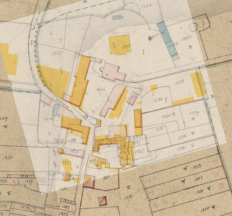 Essai de superposition du plan cadastral actuel sur le plan de 1832.