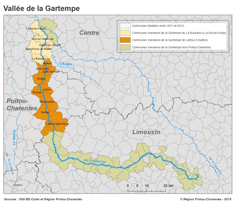 Carte de la vallée de la Gartempe dans les départements de la Creuse, de la Haute-Vienne et de la Vienne.