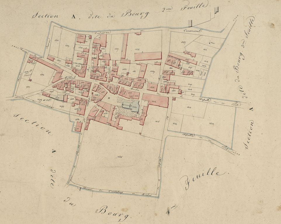 Extrait du plan cadastral de 1825 : ancien cimetière situé autour de l'église.