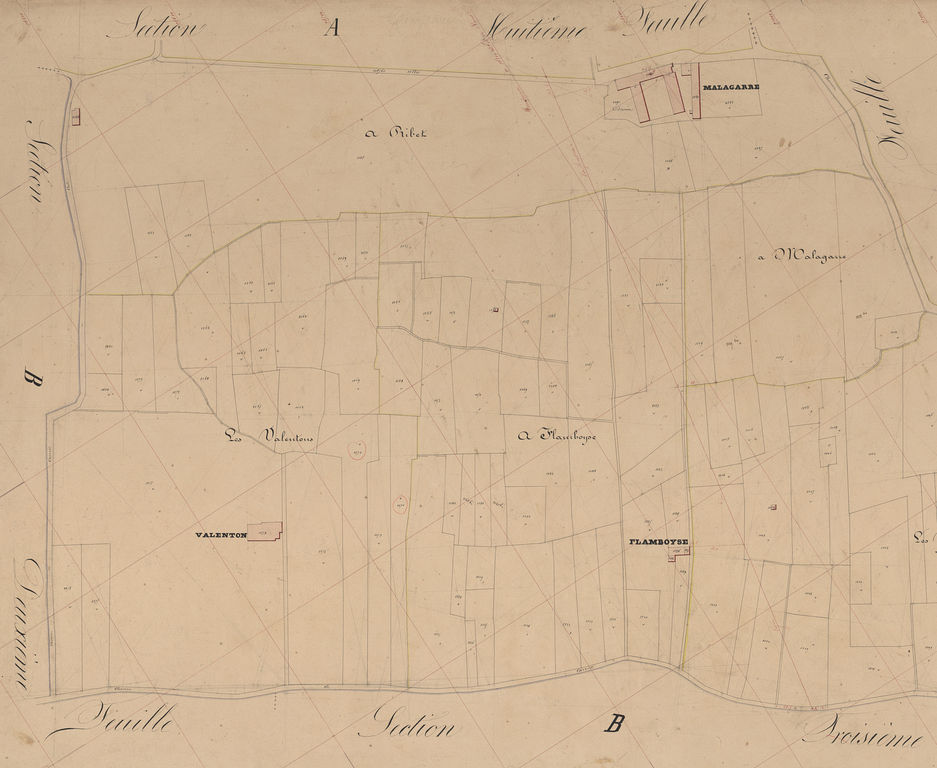 Cadastre ancien de 1847 : détail de la section A feuille 7 représentant Malagar après les premiers travaux de Jean Mauriac (création de la terrasse et des charmilles).