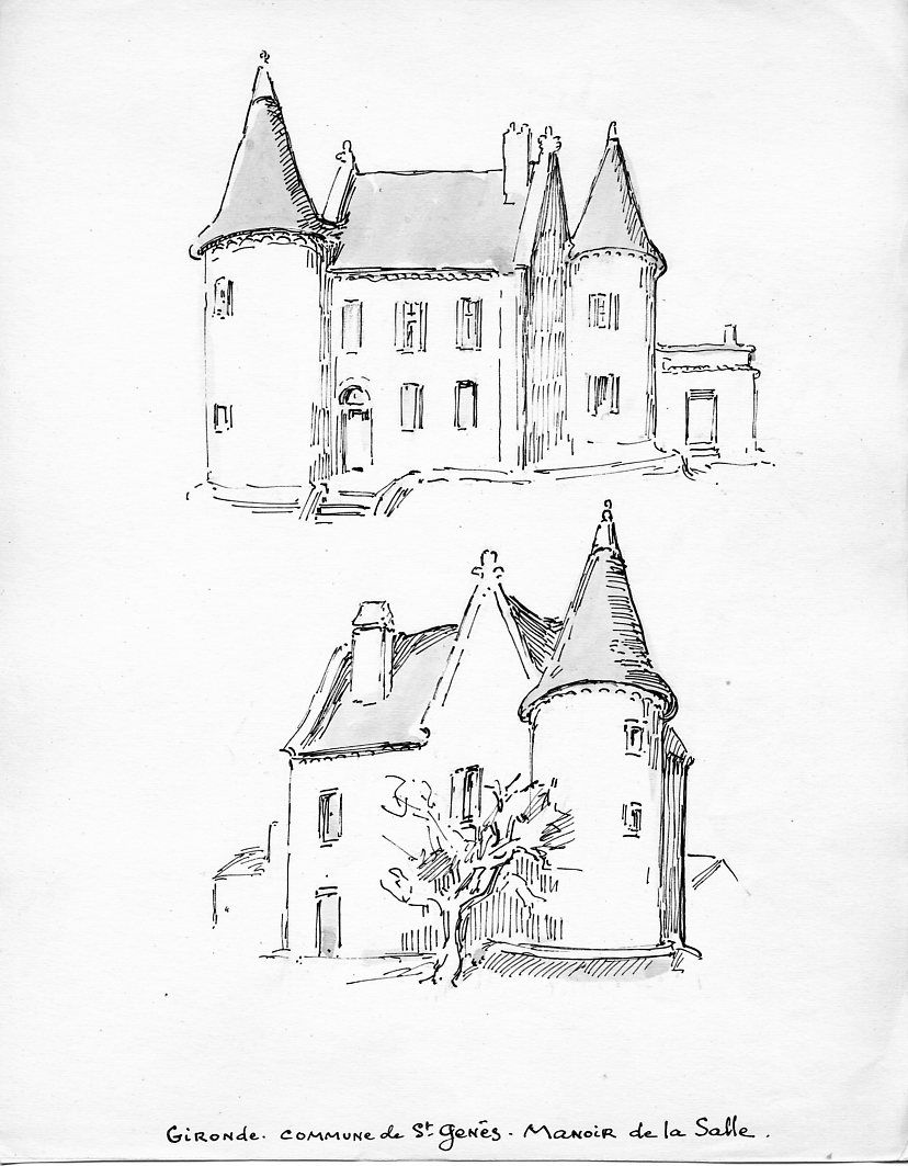 Ensemble de deux vues du corps de logis. Dessin, par L. de Maleville, s.d. [1956].