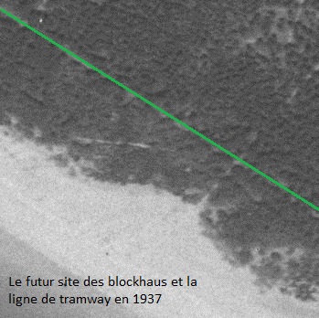 Le futur site des blockhaus et la ligne de tramway en 1937 (vue aérienne IGN).