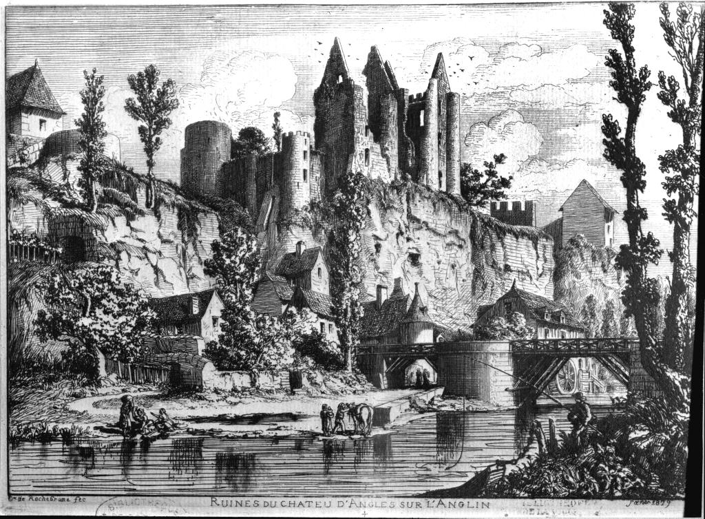 Ruines du château d'Angles-sur-l'Anglin et ancien pont, gravure d'après Octave Trémeau de Rochebrune.