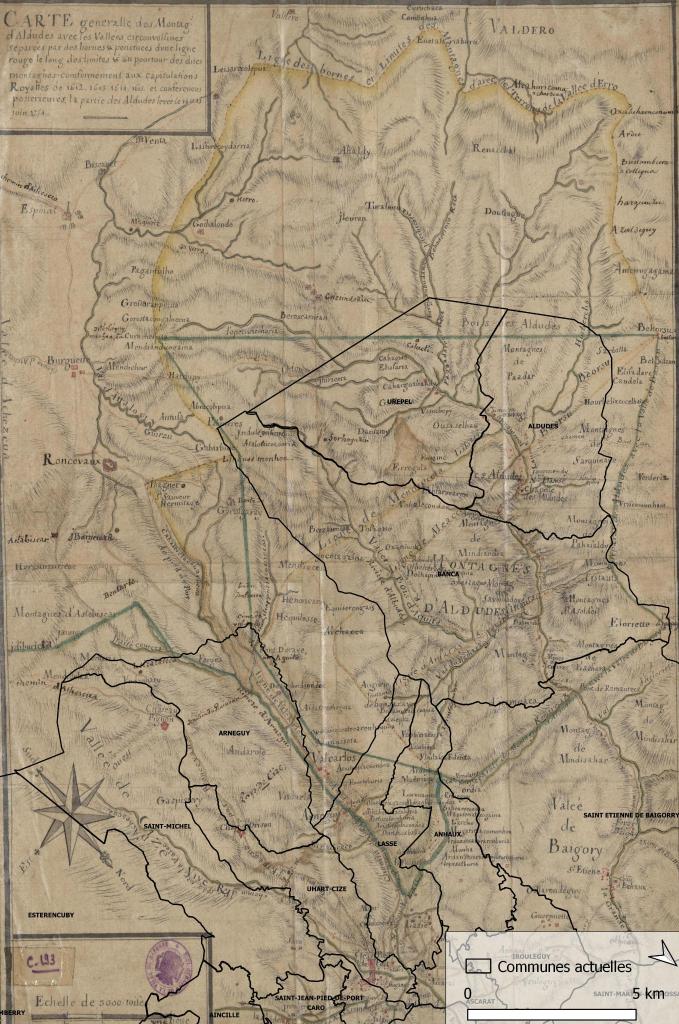 Carte generalle des Montagnes d'Aldudes (1754), géolocalisée.